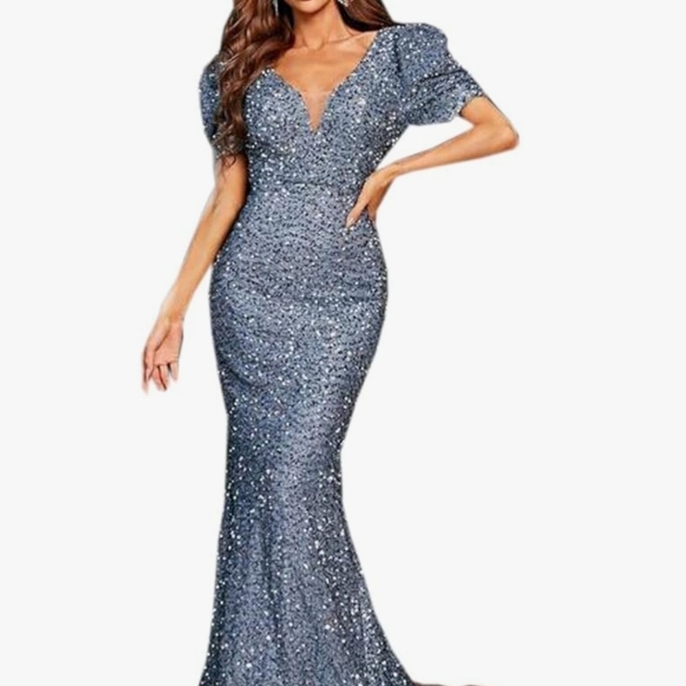 Dusty Blue, Puff Sleeve,  Big Bow, Contrast Sequined and Mesh Mermaid Gown - Picture 6 of 14